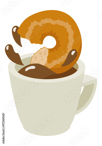 勢い良くコーヒーに浸したかじりかけのドーナツのベクターイラストレーション