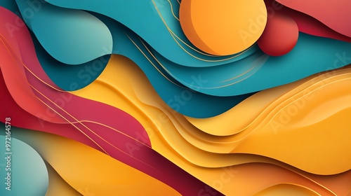 Abstract background with colorful waves and golden lines.