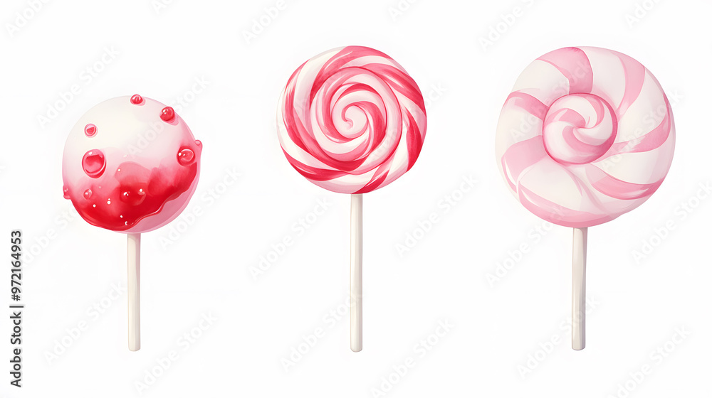 Lollipop with spiral pink colors, twisted sucker candy on stick watercolor collection isolated on white background