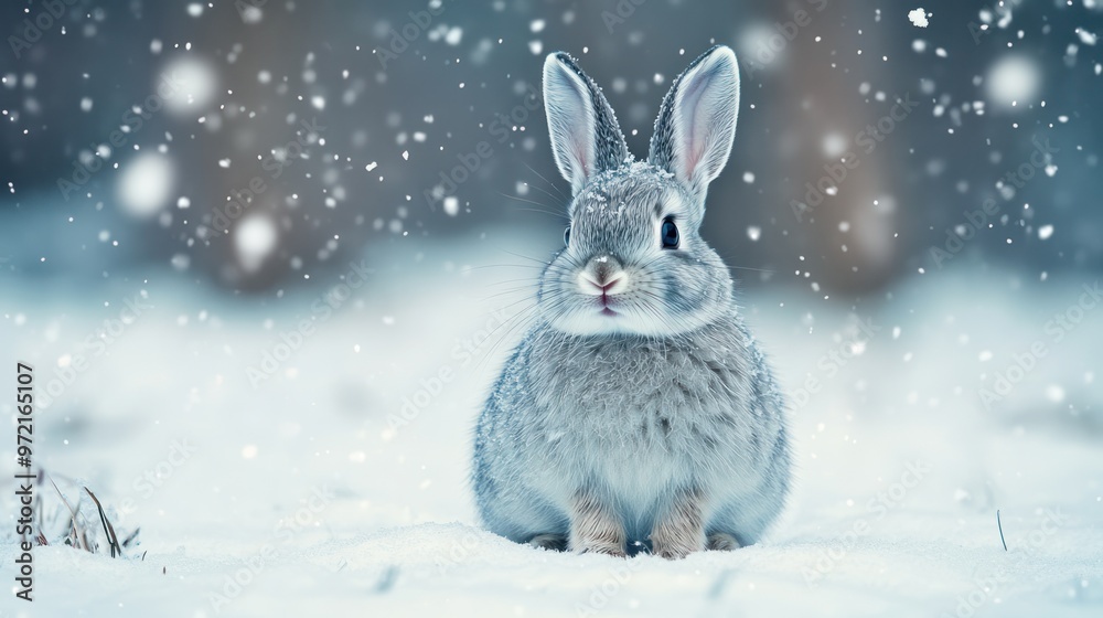A cute rabbit sitting in the snow, surrounded by falling snowflakes. A cute rabbit sitting in the snow, surrounded by falling snowflakes.