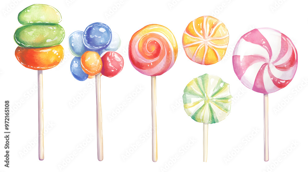 Lollipop with spiral colors, twisted sucker candy on stick watercolor collection isolated on white background Lollipop with spiral colors, twisted sucker candy on stick watercolor collection isolated on white background