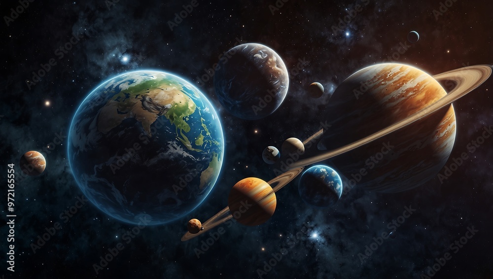 A cosmic artwork showcasing multiple planets in space displayed as an image on a stock media upload page suggesting potential use for creative projects A cosmic artwork showcasing multiple planets in space displayed as an image on a stock media upload page suggesting potential use for creative projects