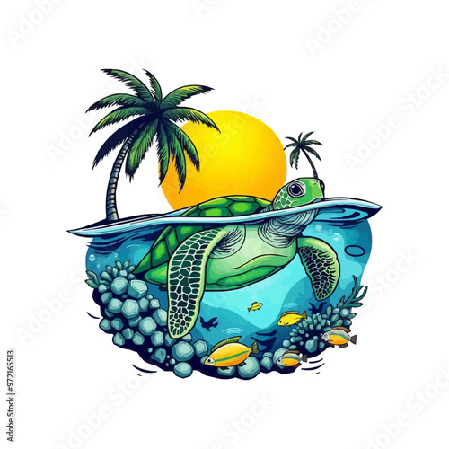 turtle with beach background vector illustration. sea world vector logo illustration. cute cartoon sea turtle.