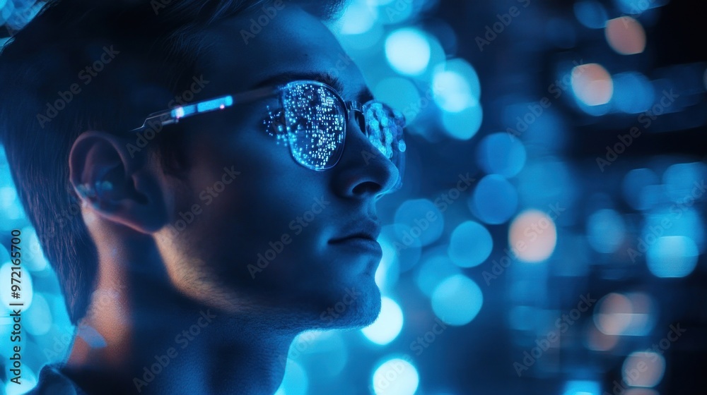 A profile of a young man wearing reflective sunglasses amidst a blue bokeh background. A profile of a young man wearing reflective sunglasses amidst a blue bokeh background.