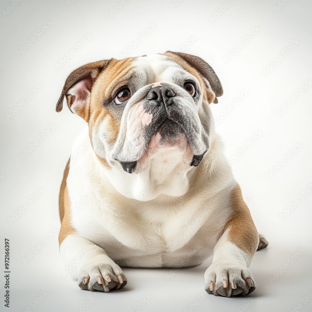 Fototapeta premium A cute bulldog lying down, looking up with a curious expression, against a white background.