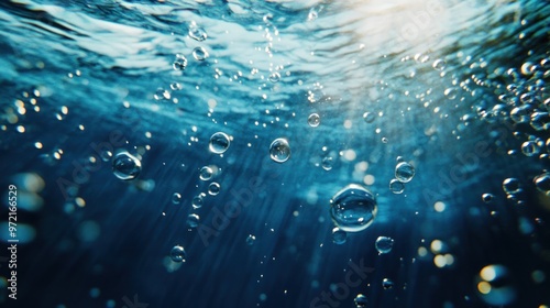 Underwater scene featuring bubbles and light rays filtering through water.