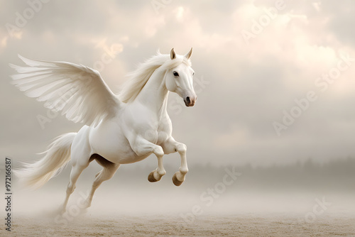 Realistic Illustration of white pegasus horse, phantasy animal