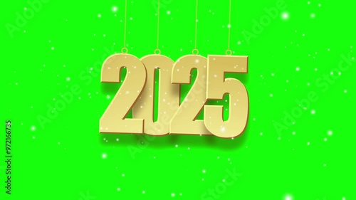 Happy New Year 2025 with snow on green screen background. New Year 2025