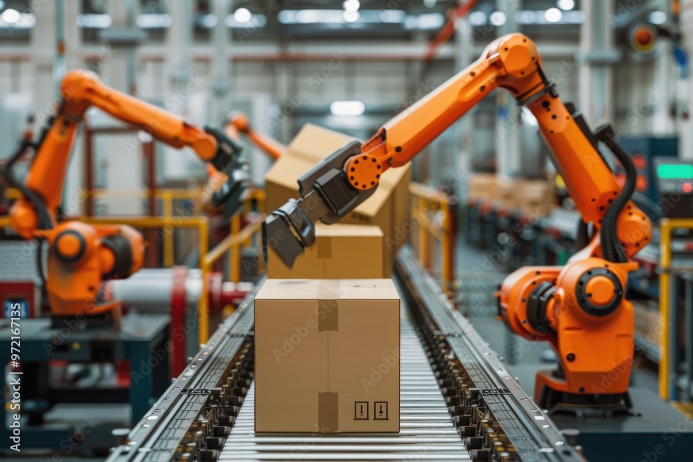 Orange robotic arms moving carton boxes on modern conveyor belt in high-tech factory Orange robotic arms moving carton boxes on modern conveyor belt in high-tech factory