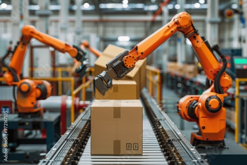 Orange robotic arms moving carton boxes on modern conveyor belt in high-tech factory