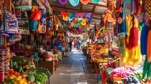 A bright, colorful market scene with stalls filled with vibrant produce, textiles, and decorations, exuding life and energy