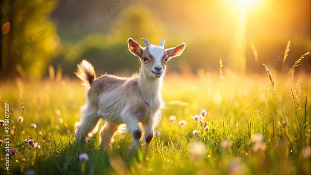 Adorable Baby Goat in Sunlit Meadow, Playful and Cute Adorable Baby Goat in Sunlit Meadow, Playful and Cute