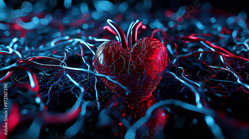 Intricate Network of Veins and Capillaries Converging to the Central Heart in a Medical photo