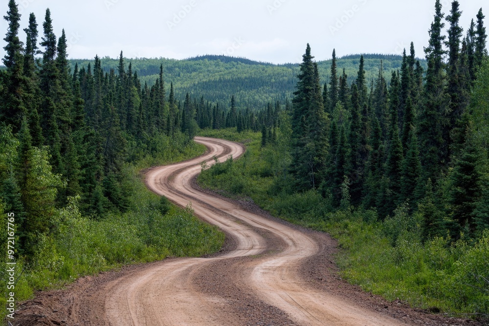 Dirt road winding through pine forest, rugged and wild Dirt road winding through pine forest, rugged and wild