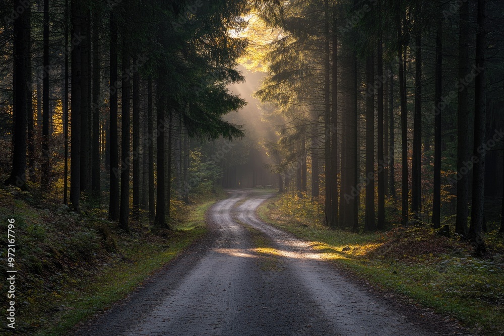 Obraz premium Sunlight filtering through pine trees onto a quiet forest road, tranquil and scenic