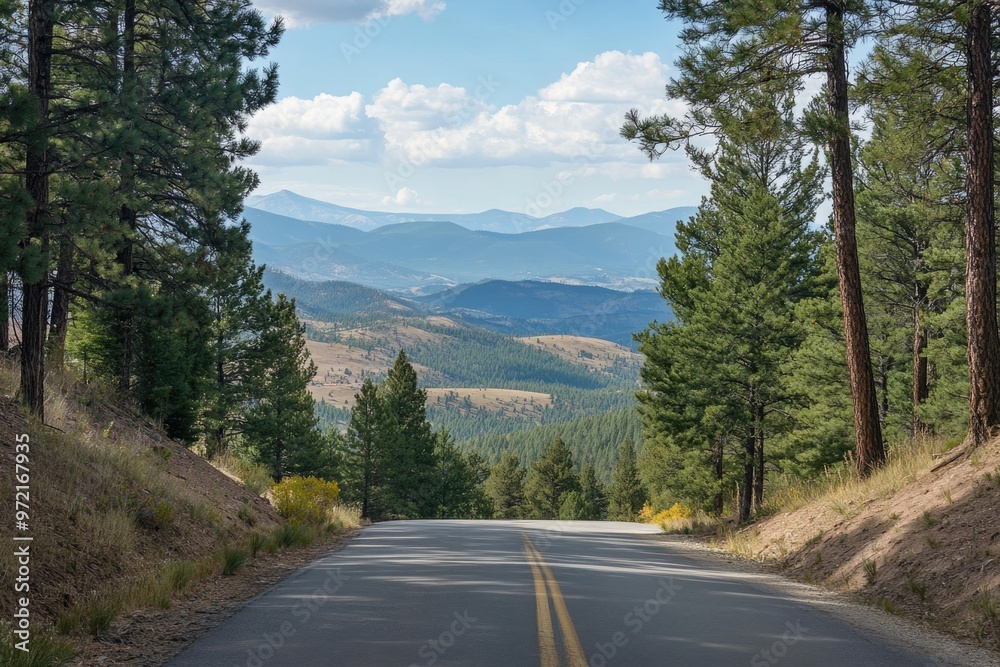 Road with a distant view of mountains, pine trees framing the scene, majestic and vast Road with a distant view of mountains, pine trees framing the scene, majestic and vast