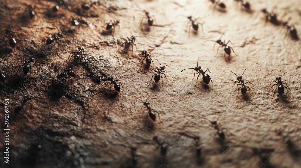 A close-up view of numerous ants on a textured surface, showcasing their activity. A close-up view of numerous ants on a textured surface, showcasing their activity.