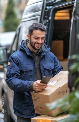 A delivery man in a blue uniform unloads boxes from a van, smiling and holding a smartphone photo