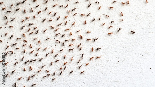 A large swarm of ants on a white wall, showcasing their collective movement.