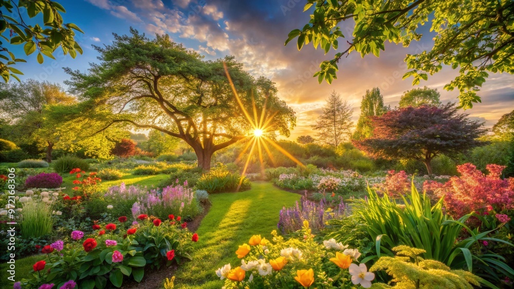 Beautiful Garden with Sunset Rays Illuminating Colorful Flowers Beautiful Garden with Sunset Rays Illuminating Colorful Flowers