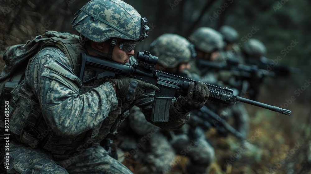 Soldiers in tactical gear, aiming rifles in a forested environment. Soldiers in tactical gear, aiming rifles in a forested environment.