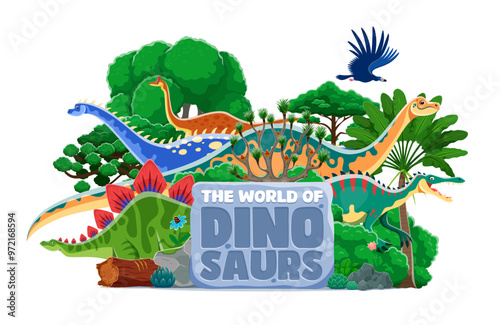 Cartoon prehistoric dinosaurs atlas book cover with funny dino characters, vector background. World of dinosaurs kids atlas book cover with Jurassic era lizards, reptiles and birds in jungle forest