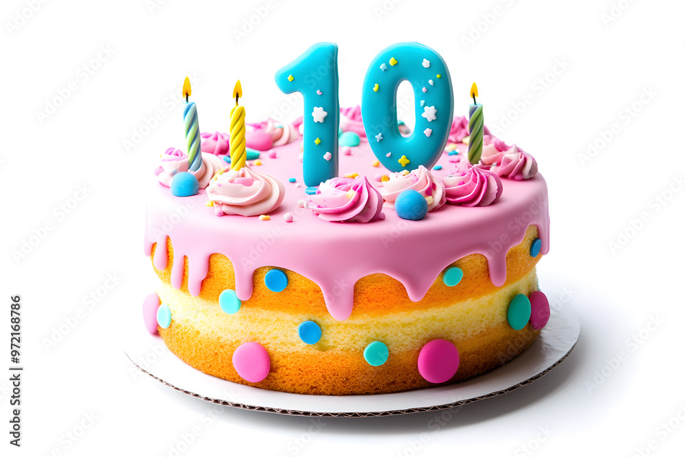 Celebration cake with number 10 candle isolated on white background Celebration cake with number 10 candle isolated on white background