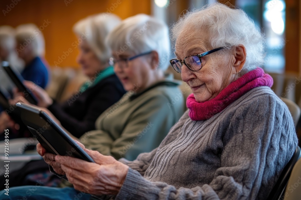 Elderly individuals in a tech class, working on tablets and discussing how to stay connected with family through video calls Elderly individuals in a tech class, working on tablets and discussing how to stay connected with family through video calls