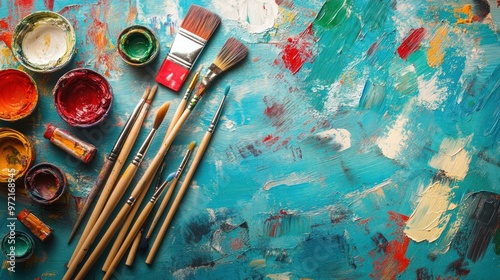 A vibrant artist's workspace with paint, brushes, and colorful palettes. photo