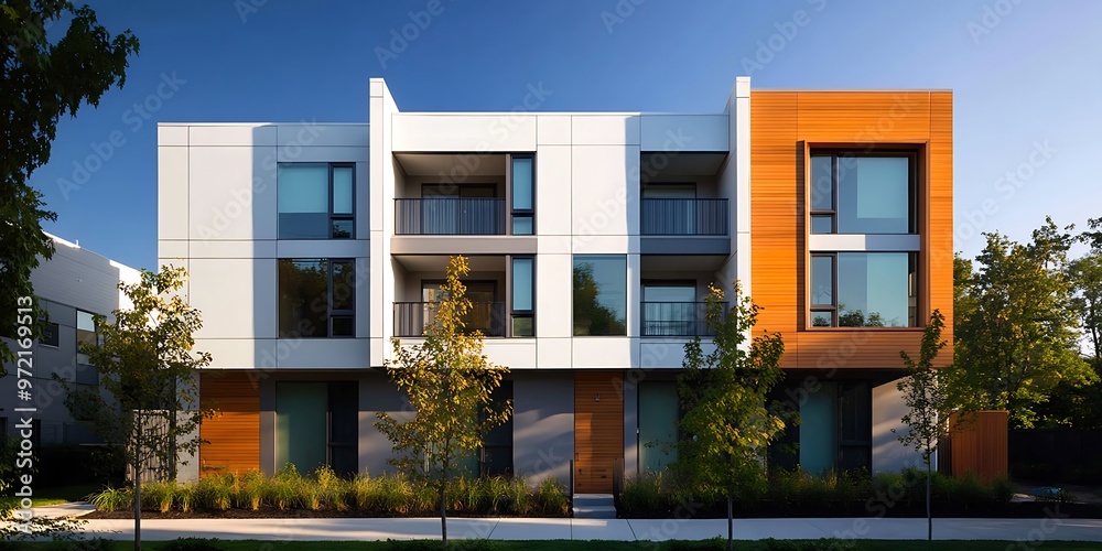 Front view of a row of modern townhouses, each with unique facades, large windows Front view of a row of modern townhouses, each with unique facades, large windows