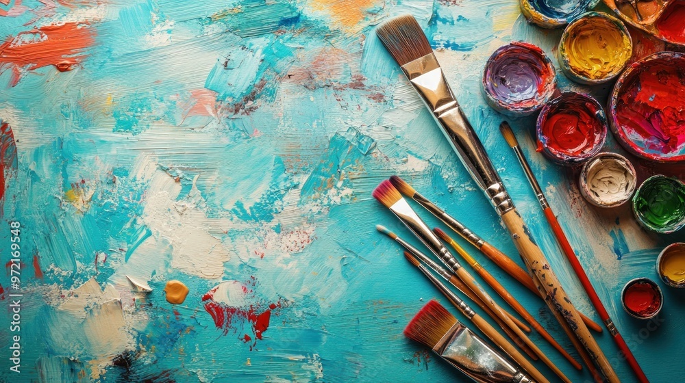 Obraz premium A vibrant artist's workspace with paint, brushes, and colorful palettes.