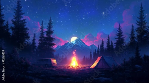 camping in the forest with a fire camp in the night video looping