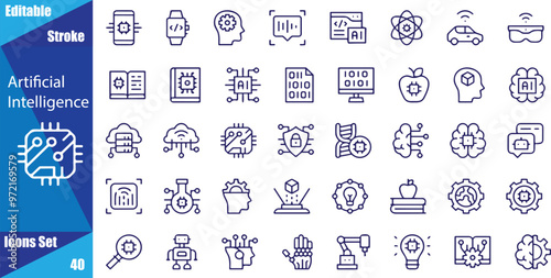 Artificial intelligence set of web icons in line style. AI technology icons for web and mobile app.
