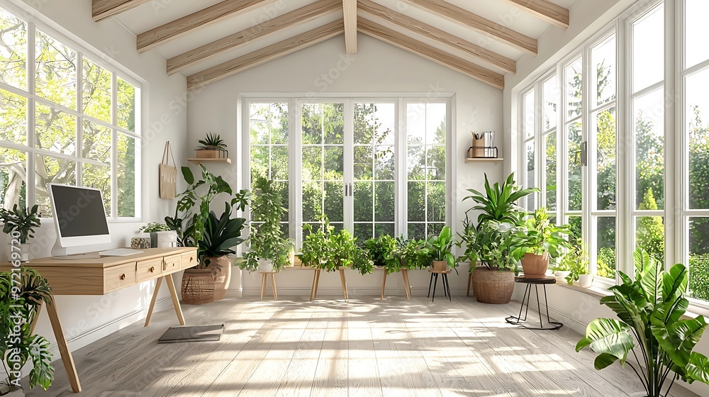Office designed like an English garden, with wood accents and large conservatory windows. Office designed like an English garden, with wood accents and large conservatory windows.