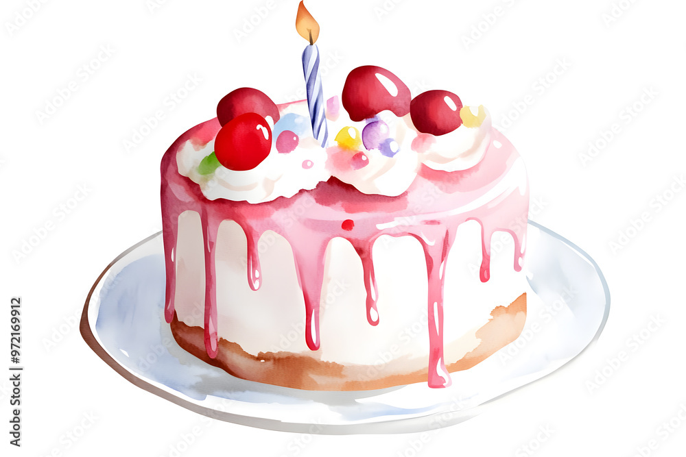 Birthday cake with red berries and candles watercolor illustration isolated on white background Birthday cake with red berries and candles watercolor illustration isolated on white background