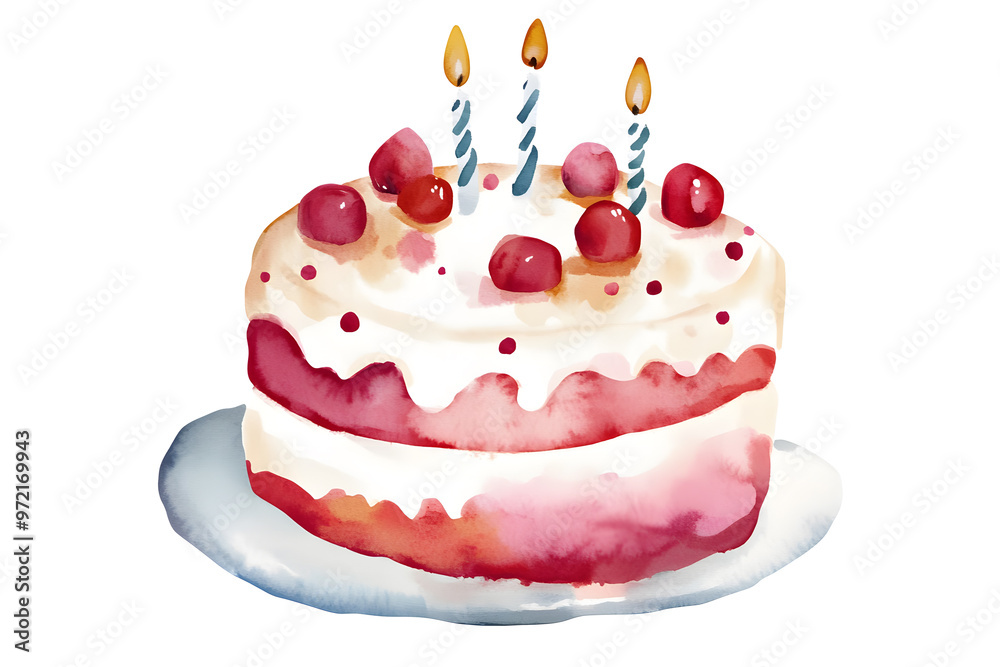 Birthday cake with red berries and candles watercolor illustration isolated on white background Birthday cake with red berries and candles watercolor illustration isolated on white background