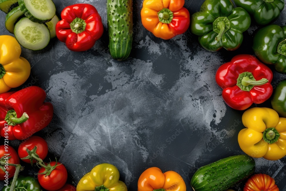 Colorful vegetables like bell peppers, tomatoes, and cucumbers arranged in a circle, photographed from above with space in the middle for text Colorful vegetables like bell peppers, tomatoes, and cucumbers arranged in a circle, photographed from above with space in the middle for text