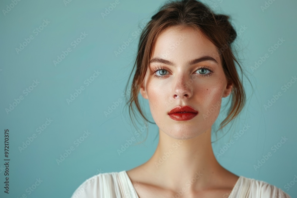 Cropped shot of an elegant woman presenter with lipstick, blending feminine beauty and style, set against a simple solid color backdrop Cropped shot of an elegant woman presenter with lipstick, blending feminine beauty and style, set against a simple solid color backdrop