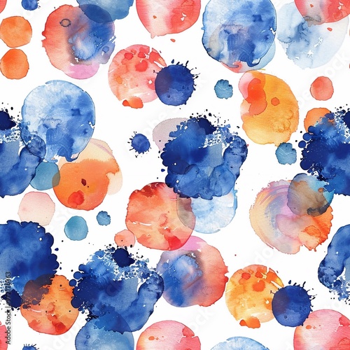 This vibrant pattern showcases a collection of blue and orange watercolor circles, blending beautifully against a white background, perfect for creative projects or textiles