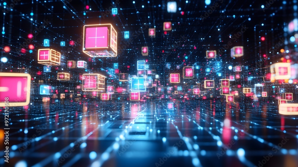 Abstract Digital Network with Glowing Cubes Abstract Digital Network with Glowing Cubes