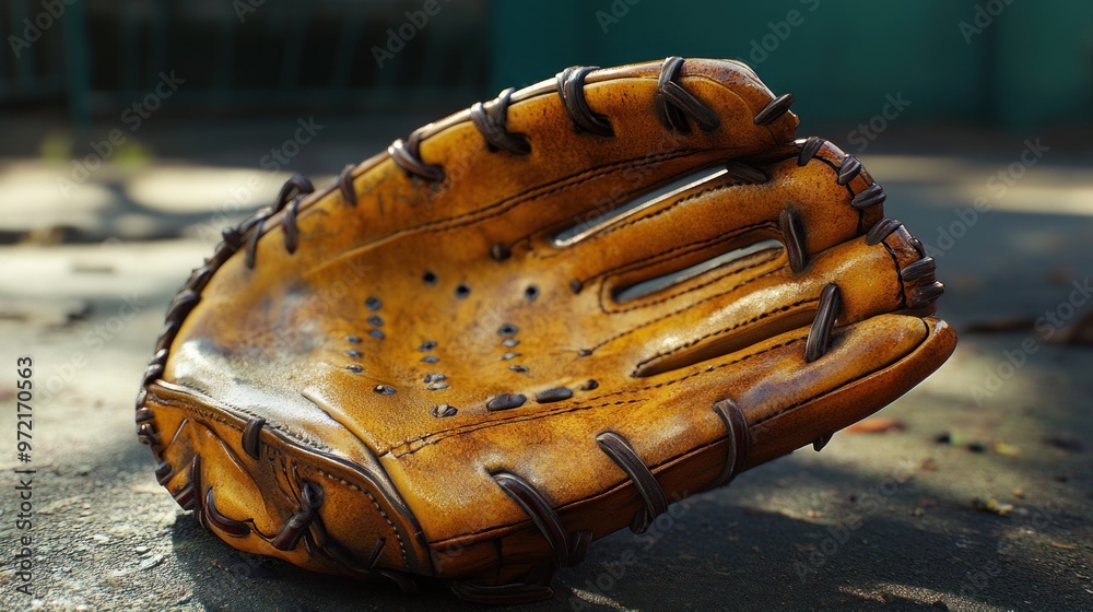 A worn baseball glove resting on a surface, ready for play. A worn baseball glove resting on a surface, ready for play.