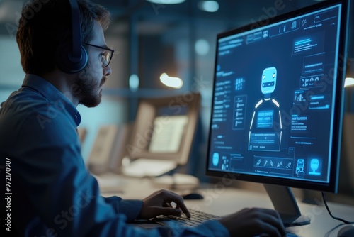 A professional oversees an AI chatbot interface on a computer, ensuring the system provides timely and accurate responses to customer inquiries