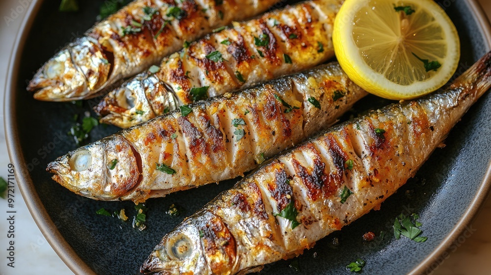 Savor the Delicious Grilled Sardines Served on a Plate with Fresh Lemon Slices for a Perfect Seafood Experience Savor the Delicious Grilled Sardines Served on a Plate with Fresh Lemon Slices for a Perfect Seafood Experience