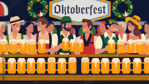 Festive oktoberfest celebration with people enjoying beer and traditional costumes. Design for pubs, Oktoberfest. photo