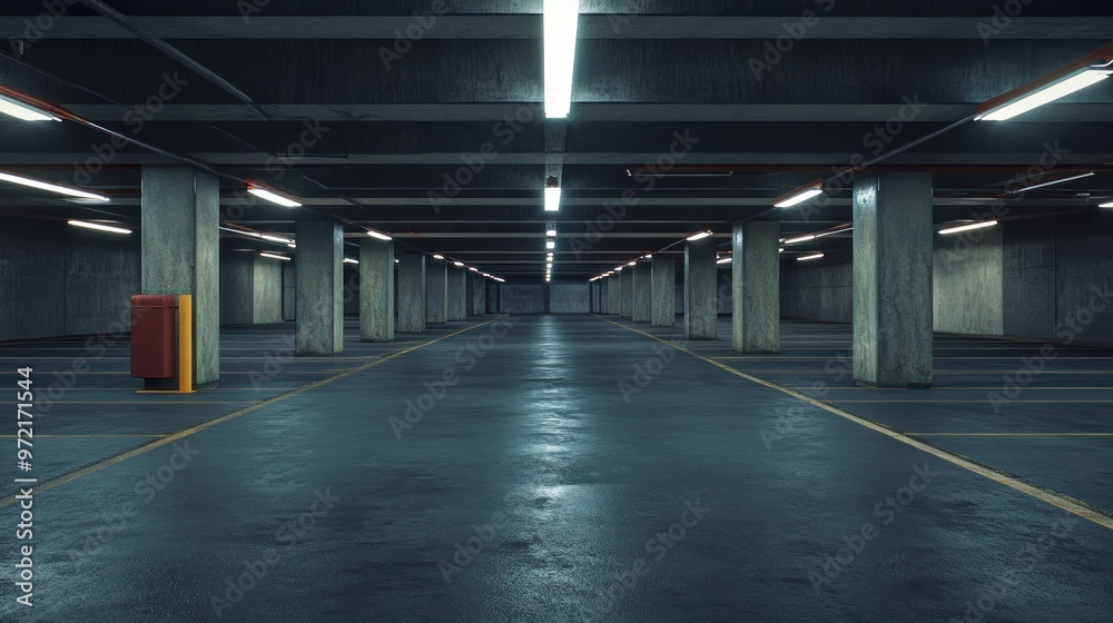 A spacious, empty underground parking garage with concrete pillars and bright lighting. A spacious, empty underground parking garage with concrete pillars and bright lighting.