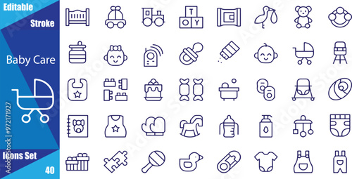 Baby care editable stroke outline icons set isolated on white background flat vector illustration