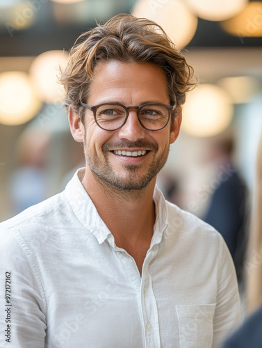 A close-up of an attractive man in his late thirties with wavy hair and a short beard, wearing casual and smiling at someone out of frame. The background has people walking around with bokeh effect.