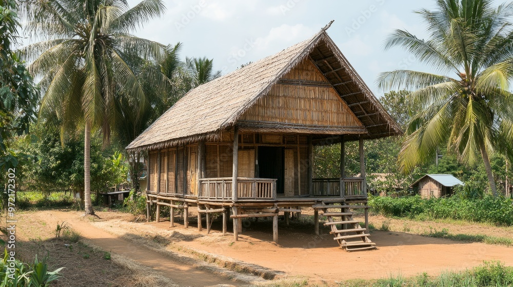 A traditional Thai food stall selling grilled sticky rice with coconut milk, banana leaves wrapping the delicate portions on a rustic wooden table. A traditional Thai food stall selling grilled sticky rice with coconut milk, banana leaves wrapping the delicate portions on a rustic wooden table.