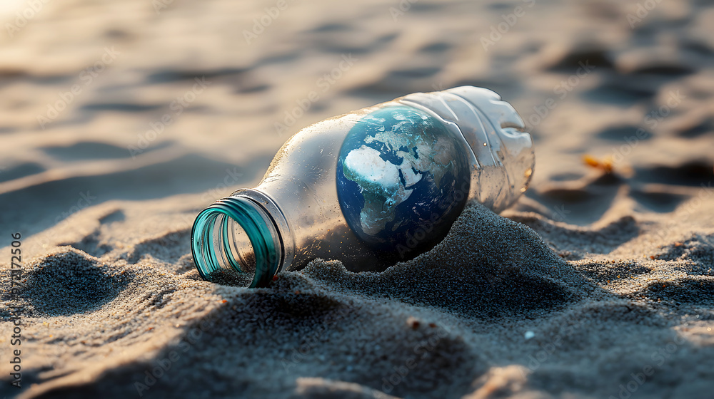 Obraz premium crumpled plastic bottle partially buried in sand, with a fading image of Earth printed on its surface