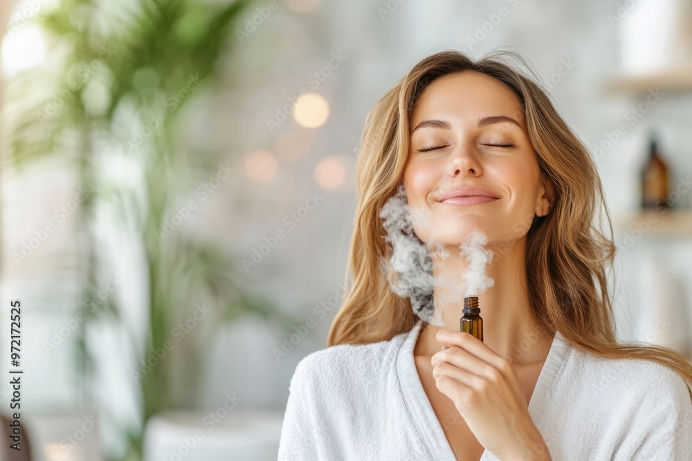 High-resolution brightly lit photorealistic candid photograph of a beautiful presenter woman in a spa, savoring the calming aroma of essential oils with a contented smile. The photograph is styled High-resolution brightly lit photorealistic candid photograph of a beautiful presenter woman in a spa, savoring the calming aroma of essential oils with a contented smile. The photograph is styled